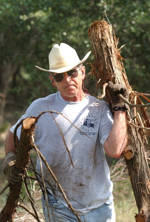 President George W. Bush clears cedar at his ranch in Crawford, Texas, Friday, Aug. 9, 2002. WHITE HOUSE